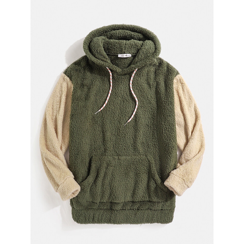 Mens Contrast Color Patchwork Fluffy Teddy Kangaroo Pocket Hoodies - Army Green S