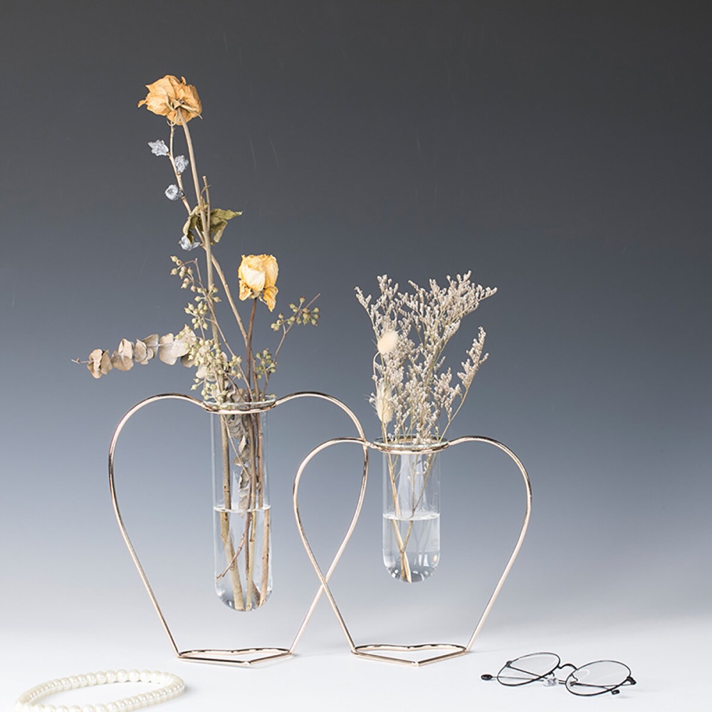 Crystal Glass Iron Test Tube Vase in Wooden Stand Flower Pots Plant - S