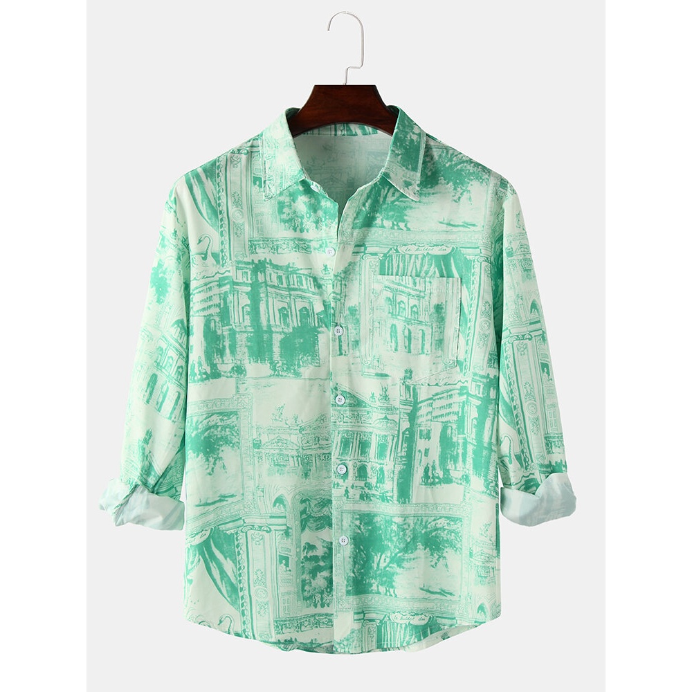 Mens Architectural Landscape Print Lapel Long Sleeve Casual Shirts With Pocket - Green XL