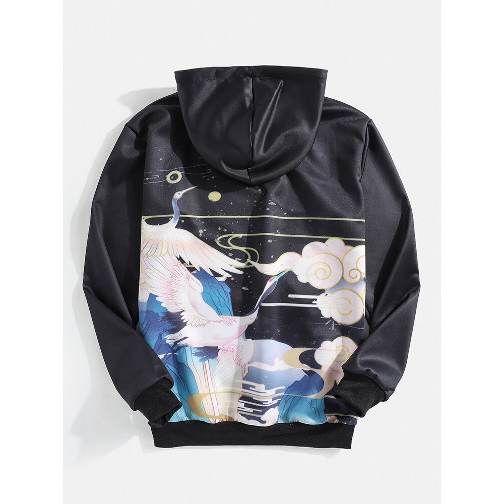 Mens Crane Pattern Landscape Print Pocket Long Sleeve Chinese Style Hoodies - Black M