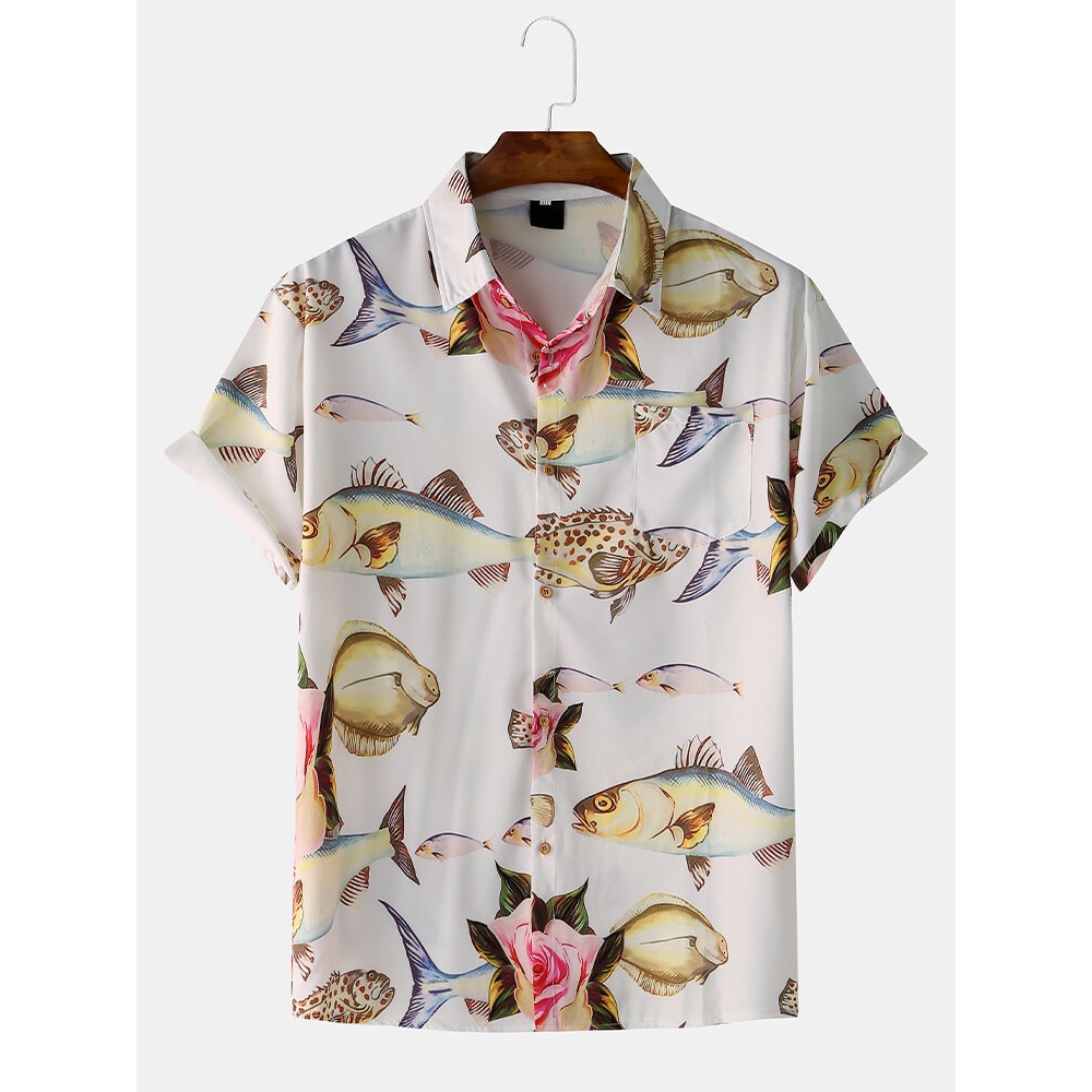 Men Women Fashion Fish Printing Breathable Short Sleeve Casual Shirts - White M