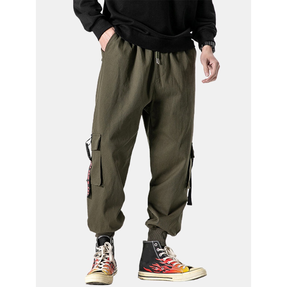 Mens Letter Print Push Buckle Pocket Cotton Drawstring Cuffed Cargo Jogger Pants - Black M
