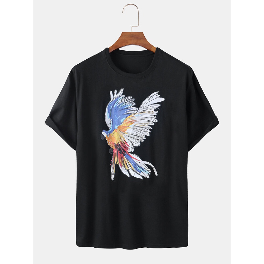 Colorful Parrot Bird Print Short Sleeve Cotton Loose T-Shirts - White S