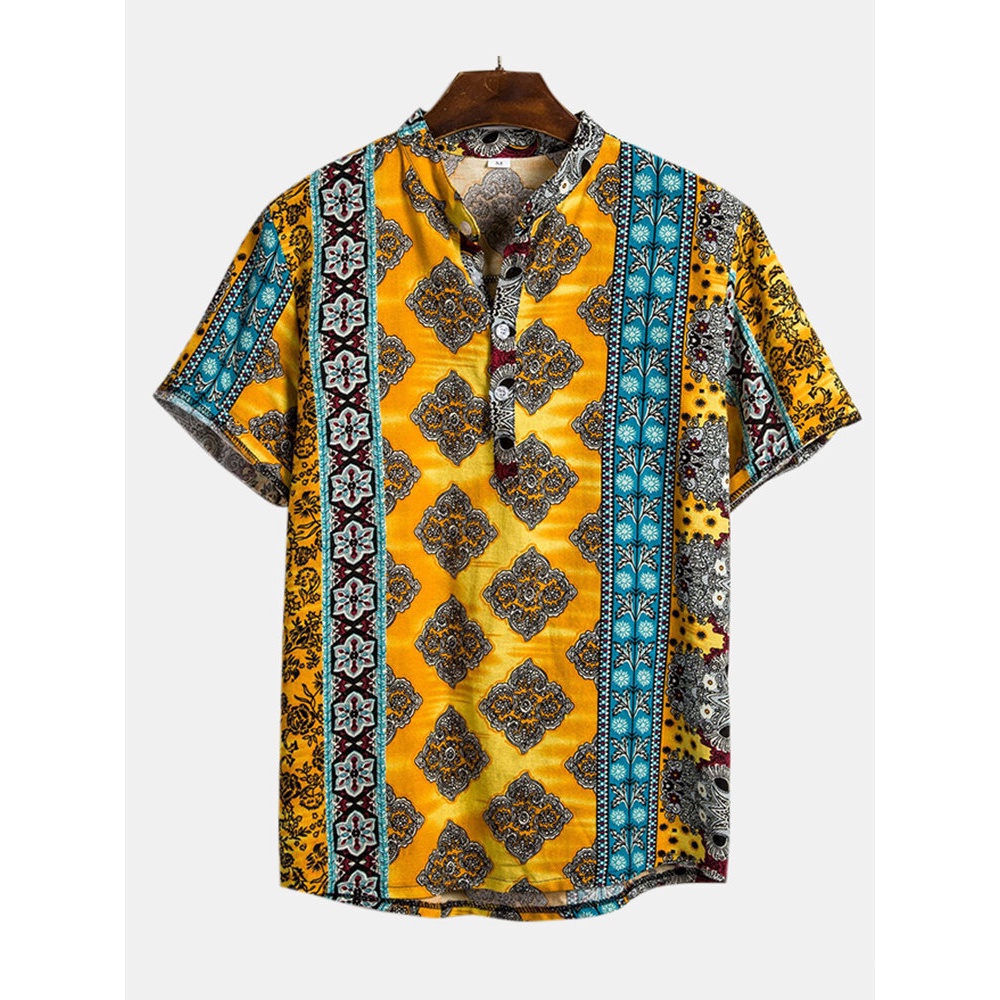 Mens Ethnic Summer Colorful Printed Henley Shirts - M Yellow
