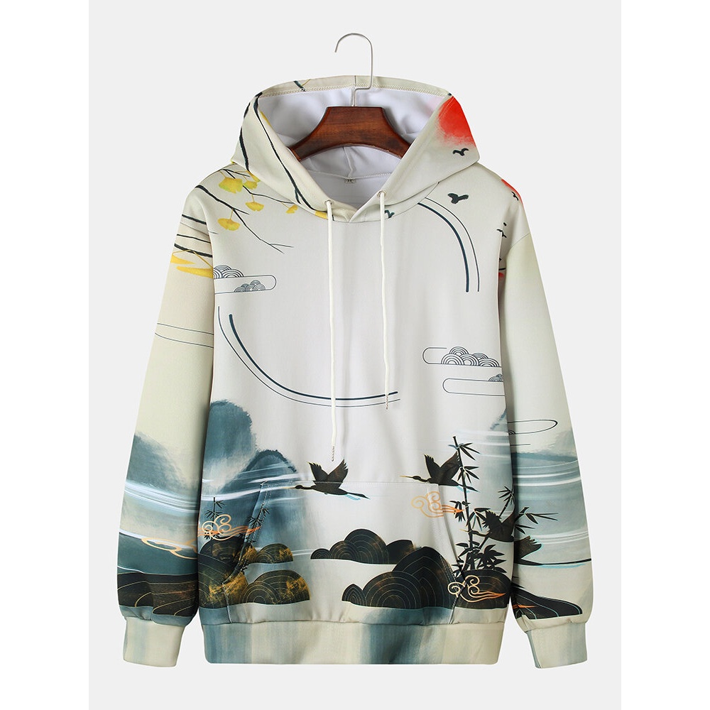 Mens Ethnic Style Landscape Painting Print Kangaroo Pocket Chinoiserie Hoodies - Beige XS