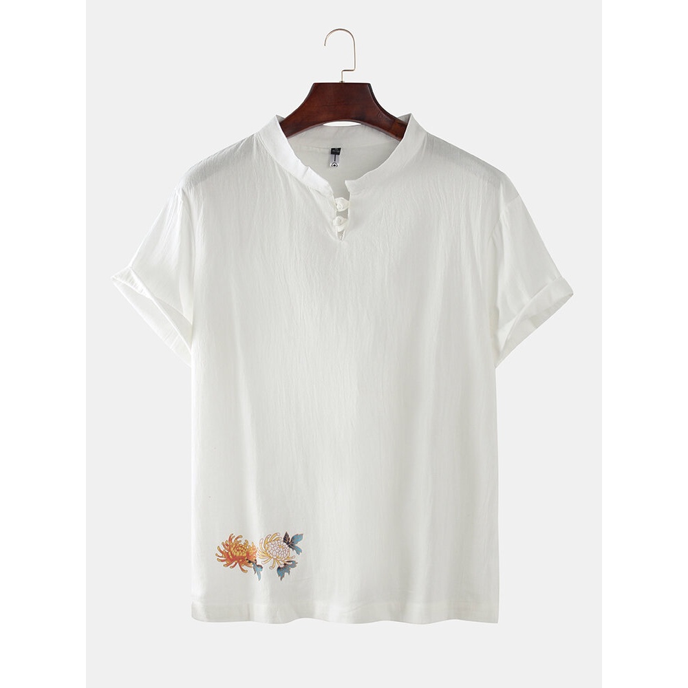 Mens Oriental Buckle Peony Embroidery Solid Color Short Sleeve Breathable Henley Shirts - White L