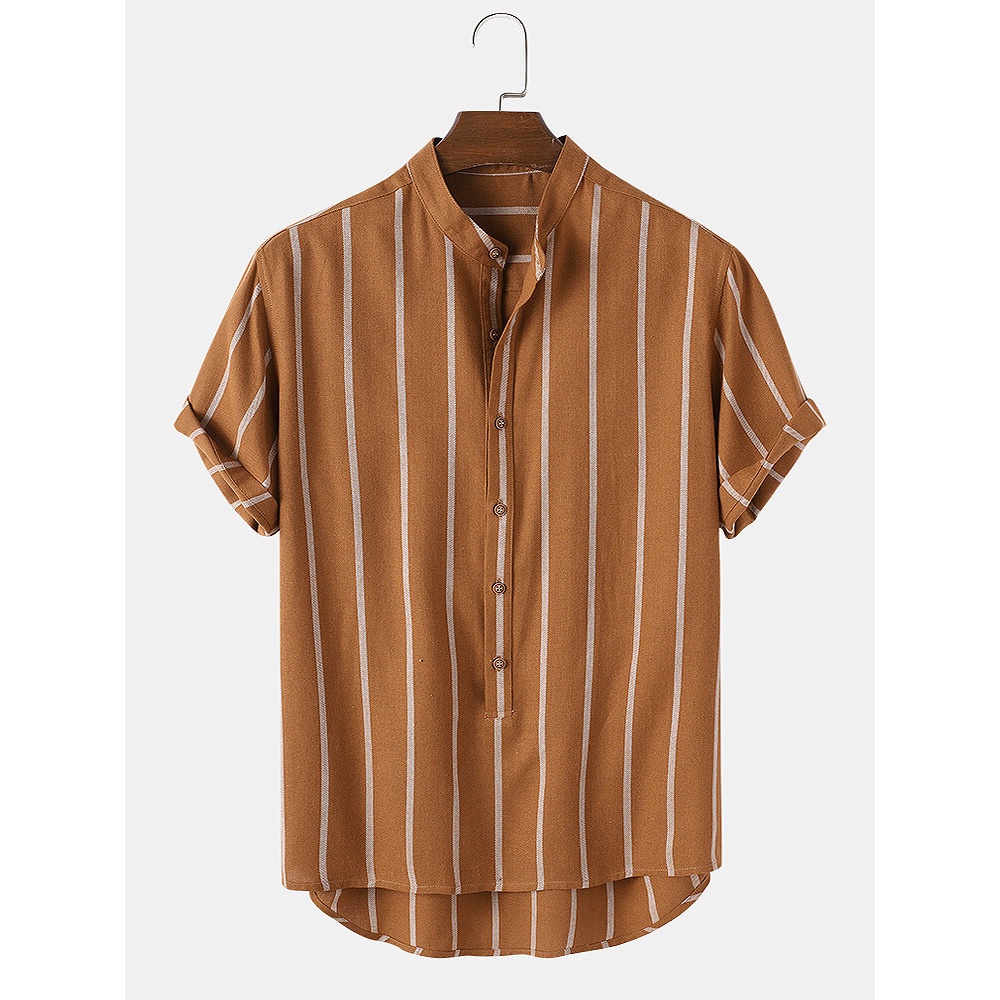 Mens Vintage Striped Loose Comfy Casual Henley Shirts - White S