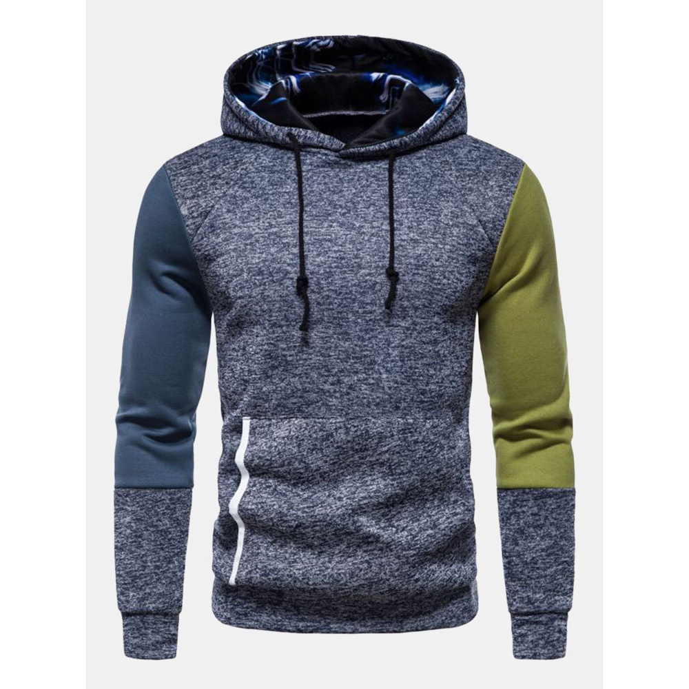 Men Patchwork Design Contrast Pocket Printed Drawstring Street Hooded Sweatshirt - Black M