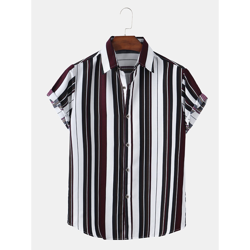 Mens Vertical Stripes Lapel Collar Simple Casual Short Sleeve Shirts - White L