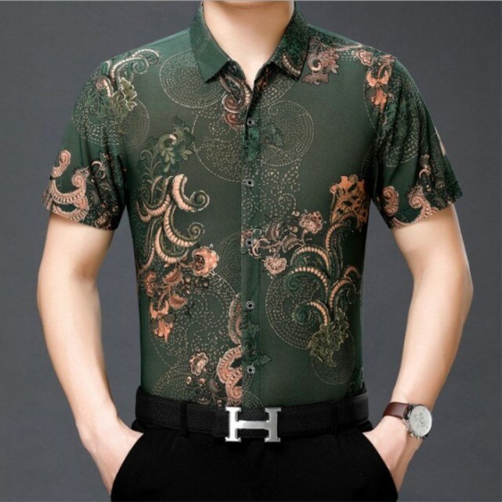New Gold Shirt Men's Short-sleeved Middle-aged Flower Shirt Fashion Printing Ice Silk Thin Section Half Sleeve - 40*30*42cm MJ6626 blue