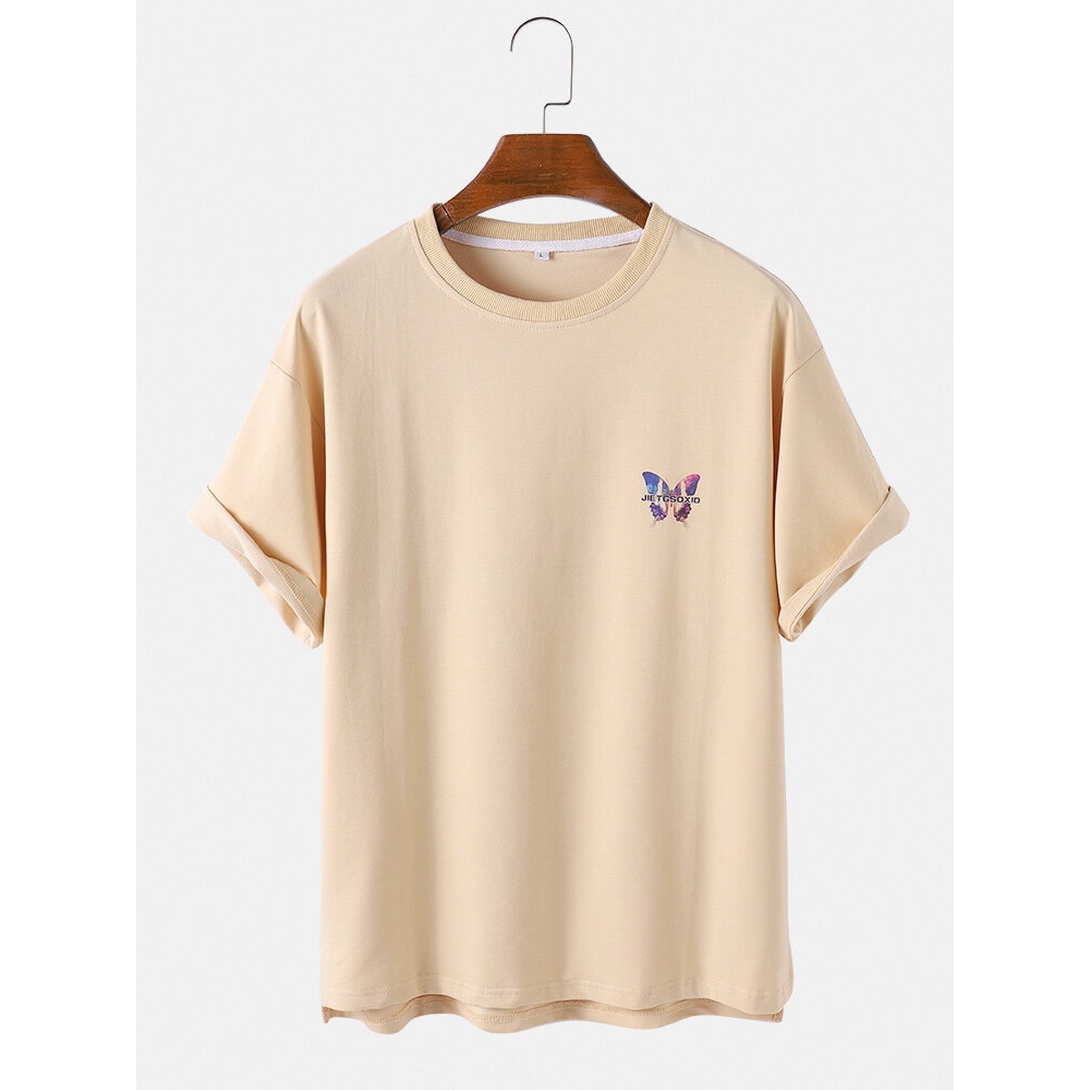 Mens Butterfly Printed Cotton Breathable Round Neck Casual Short Sleeve T-Shirts - White S