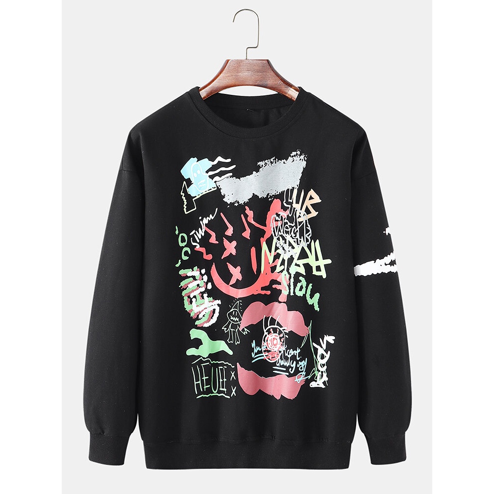Mens Graffiti Print Crew Neck Cotton Drop Shoulder Pullover Sweatshirts - White XL