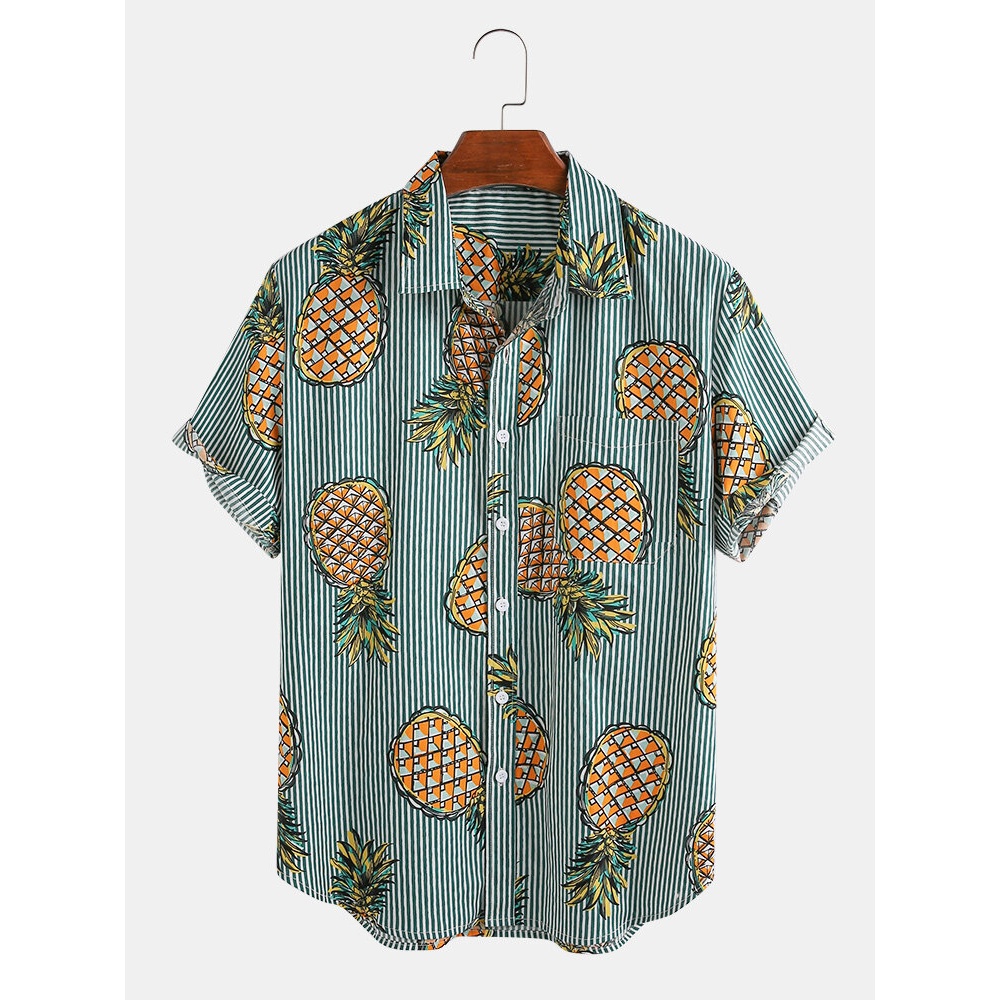 Pineapple Cartoon Tropical Style Breathable 100% Cotton Casual Shirts - Green M