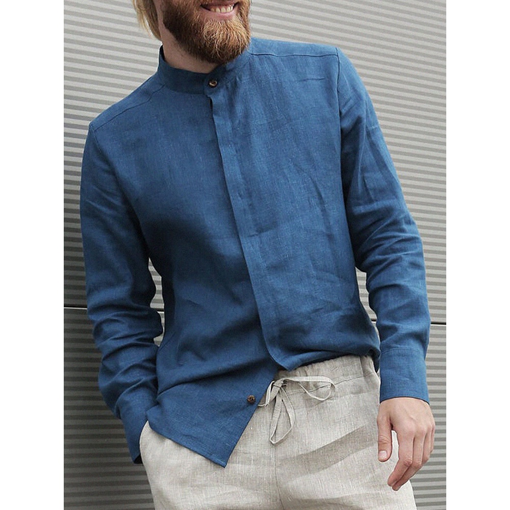 Mens 100% Cotton Blue Long Sleeve Simple Shirts - Blue M