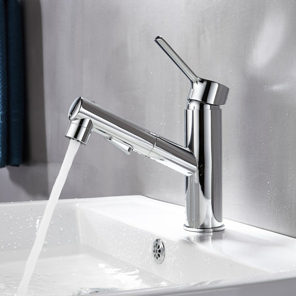 Bathroom Basin Faucet with Pull Out Sprayer Fountain Brushed Nickel Hot Cold Mixer Tap Updated Three Modes Sprayer - Silver