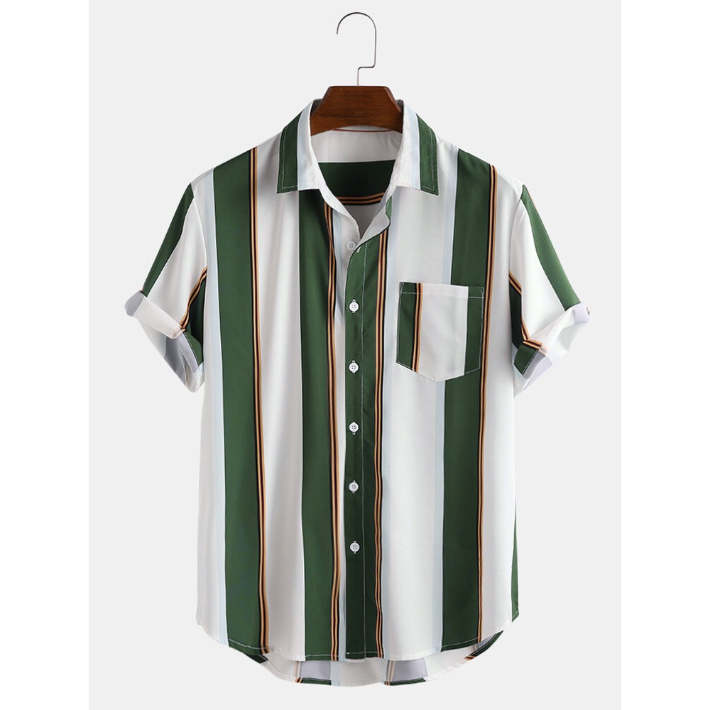 Colorful Stripe Lane Print Chest Pocket Short Sleeve Casual Holiday Shirts - 2XL Claret