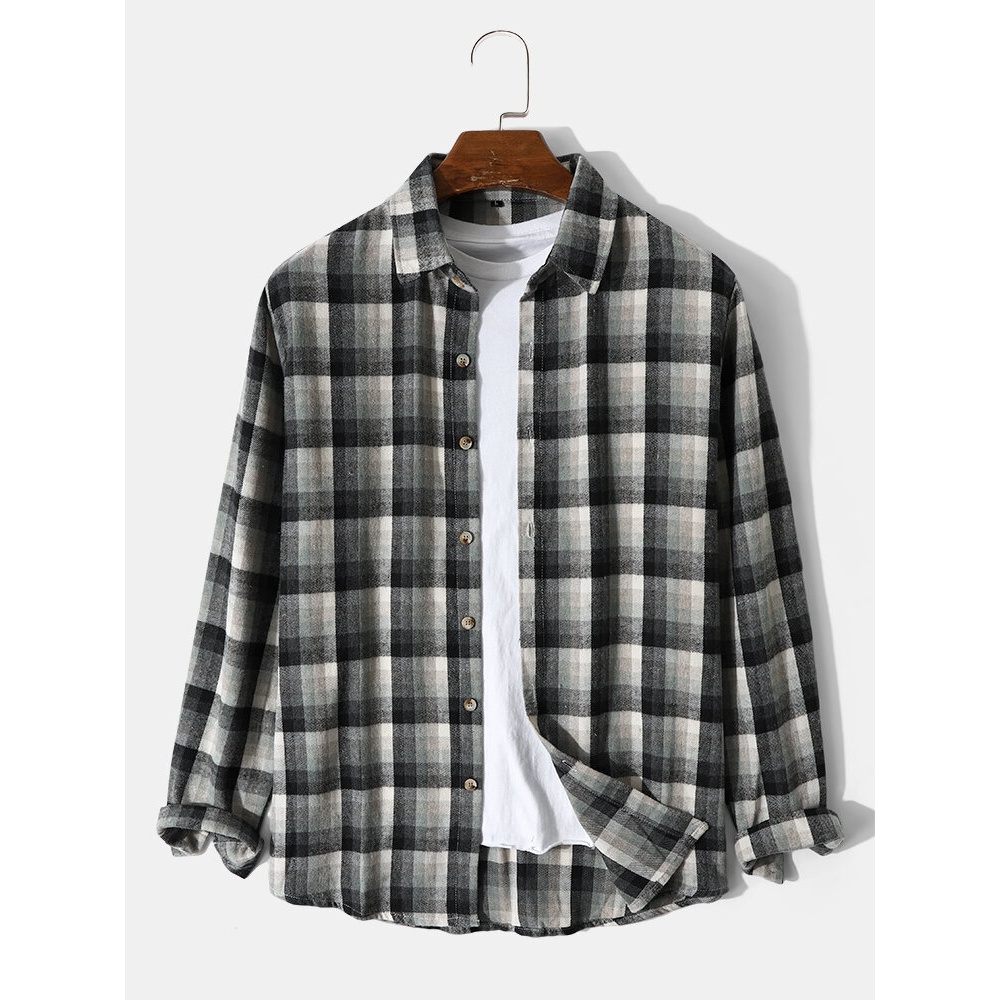 Mens Plaid Office Outwear Autumn Shirt - Grey L