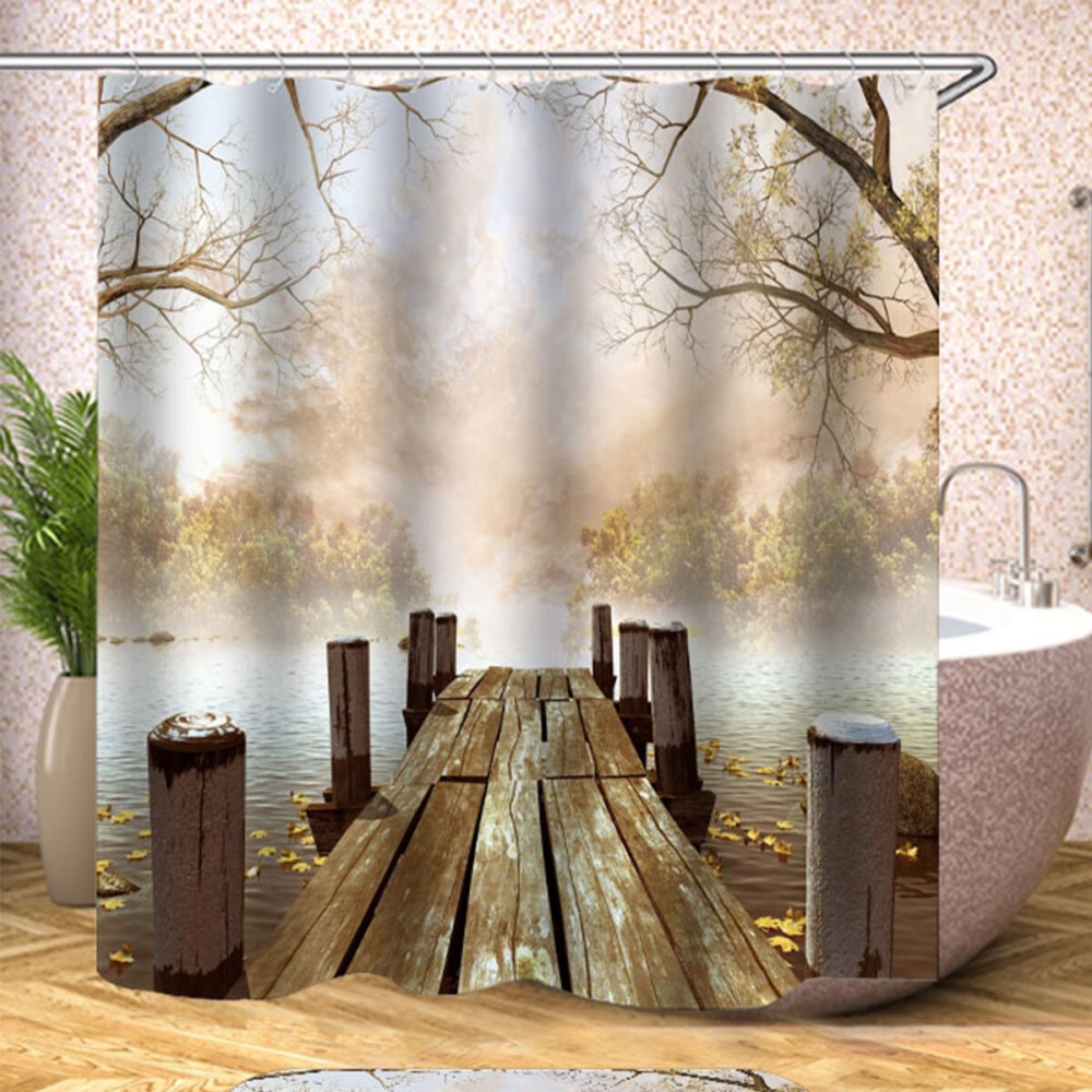 180x180CM Wooden Bridge Printing Bathroom Shower Curtain Toilet Cover Mat Non-Slip Rug Set - 3Pcs Set - Image 2