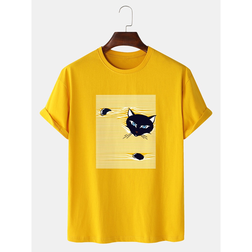 Mens Stripe Cartoon Cat Print Short Sleeve Cute T-Shirts - Black M