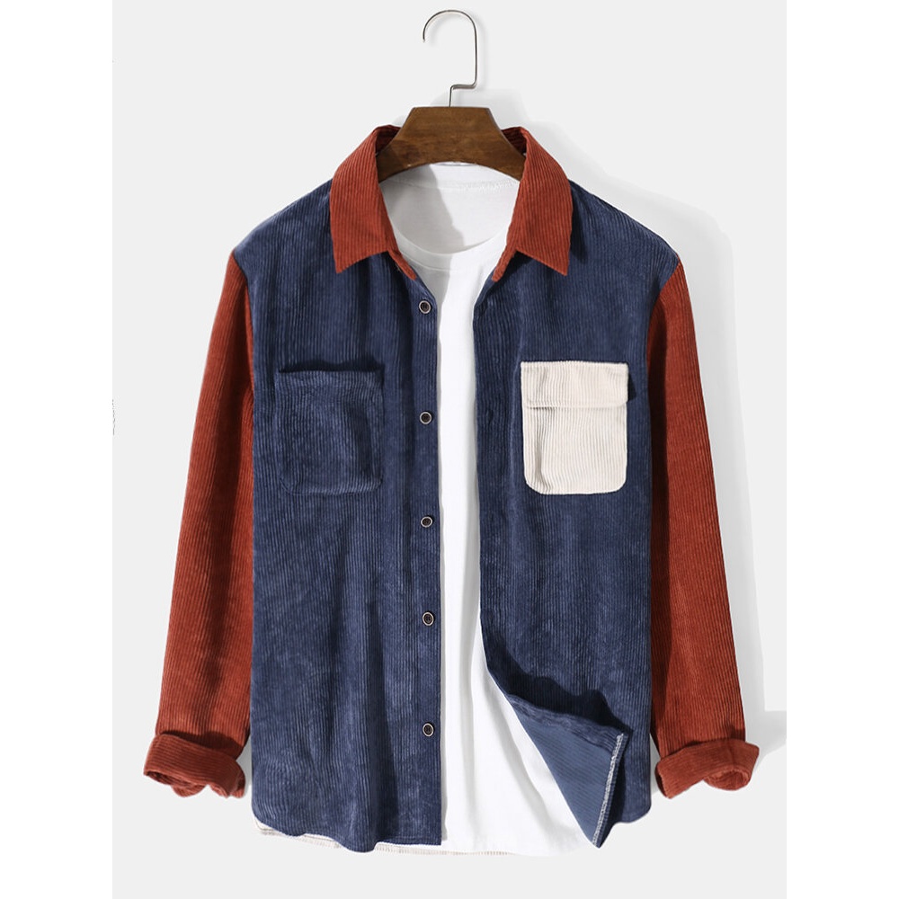 Mens Corduroy Splicing Pocket Color Block Casual Shirt - Blue S