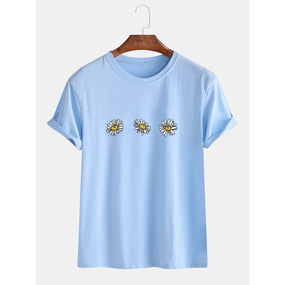 Loose Daisy Flowers Round Neck Short Sleeve Casual T-Shirts For Men Women - Black S