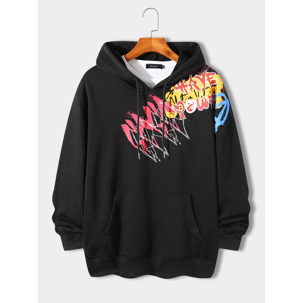 Men Colorful Graffiti Print Hoodie - Black S