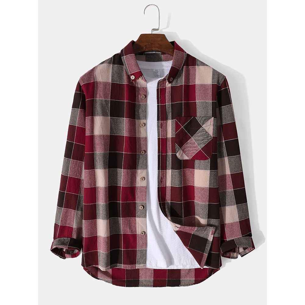 Mens 100% Cotton Vintage Casual Red Plaid Shirt - Wine Red S