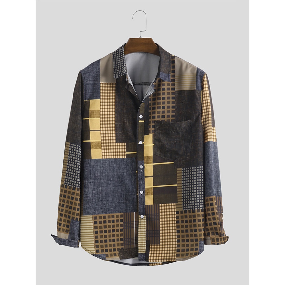 Men Bandana Patchwork Print Long Sleeve Vintage Shirts - M Grey