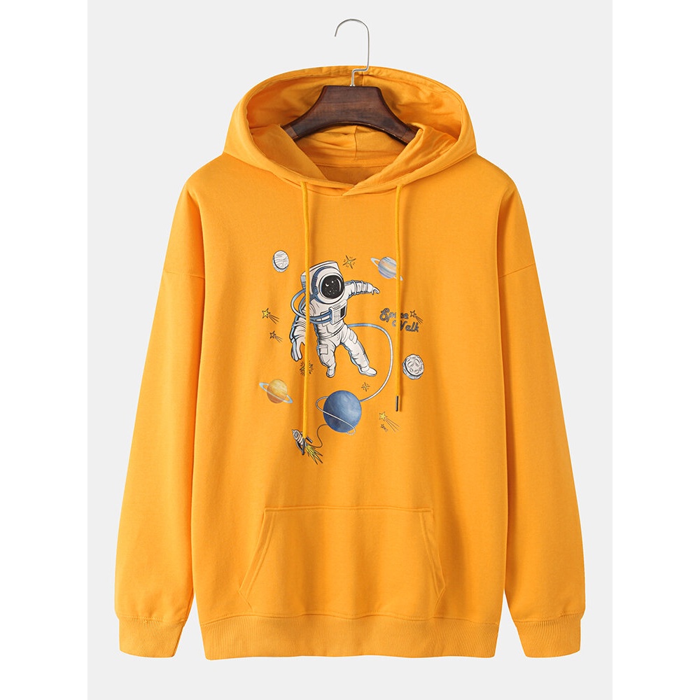 Mens Planet Astronaut Print Cotton Overhead Hoodies With Kangaroo Pocket - Black L