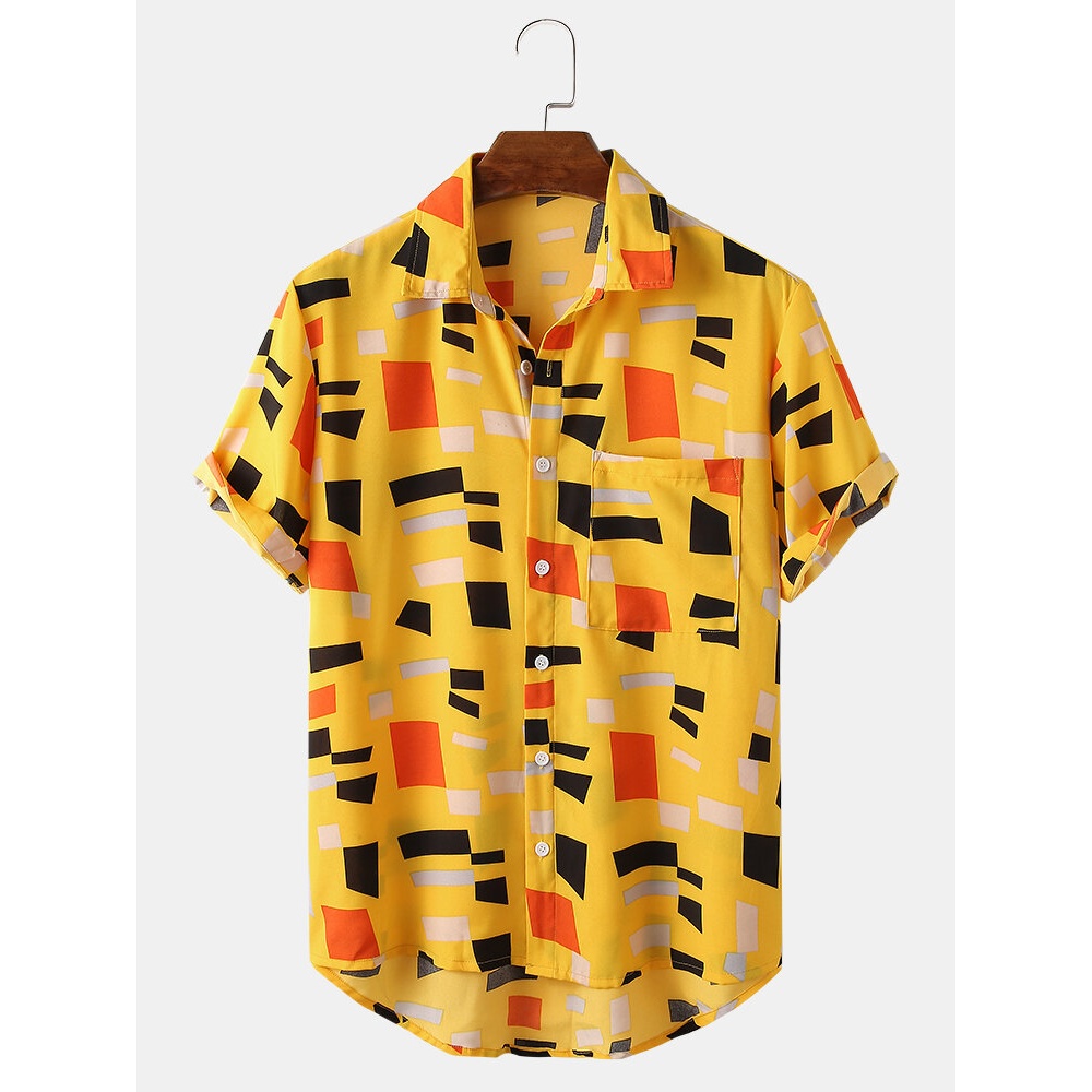Mens Color Block Contrast Lapel Short Sleeve Shirt - Yellow 2XL