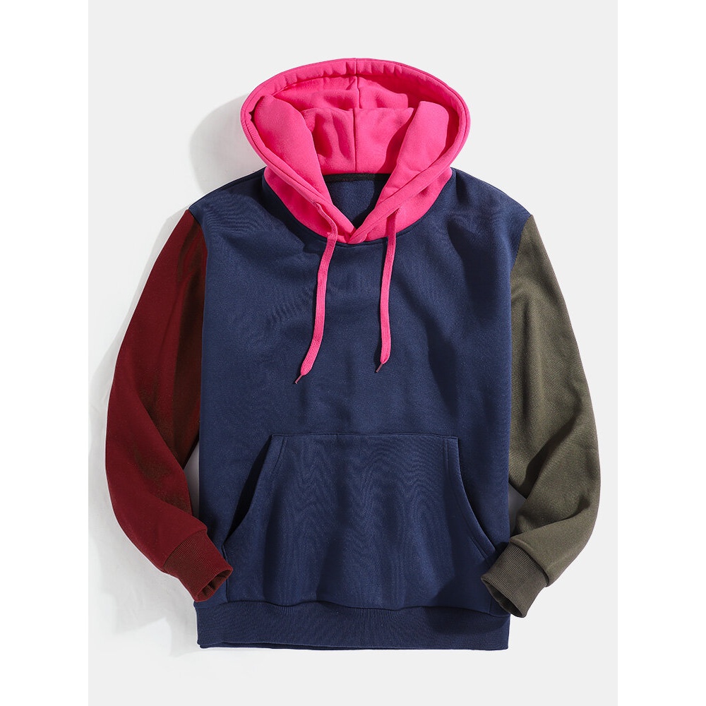 Mens Patchwork Long Sleeve Kangaroo Pocket Simple Drawstring Hoodies - Orange S