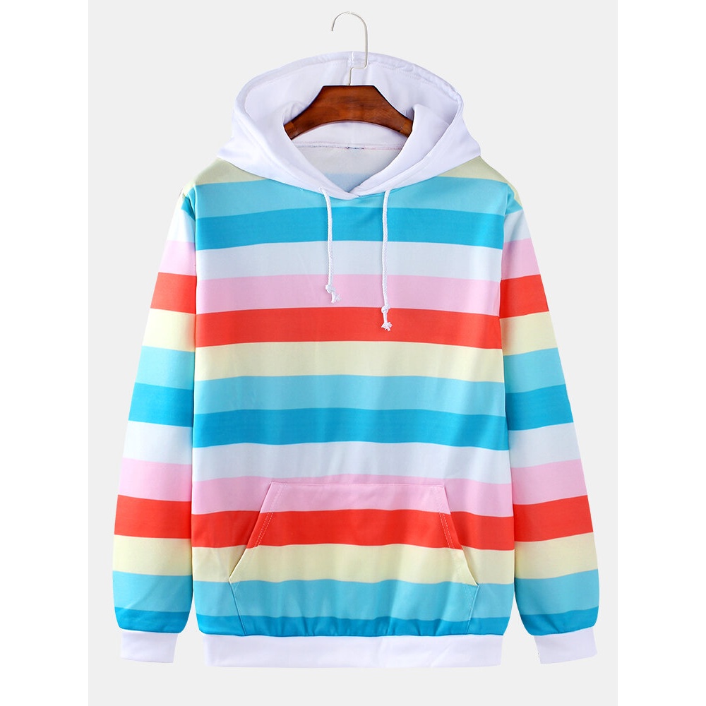 Mens Colorful Horizontal Stripes Loose Fit Drawstring Hoodies With Kangaroo Pocket - Blue XL