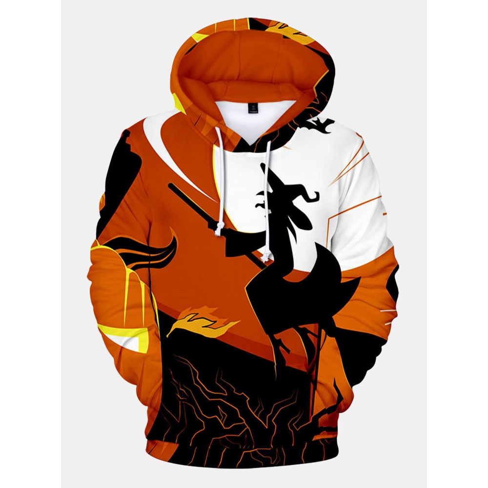 Mens  Witch Pattern Cartoon Pockets Hoodies - Orange M
