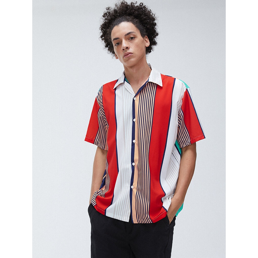 Mens Multi Color Stripe Short Sleeve Breathable Casual Shirts - 2XL Black