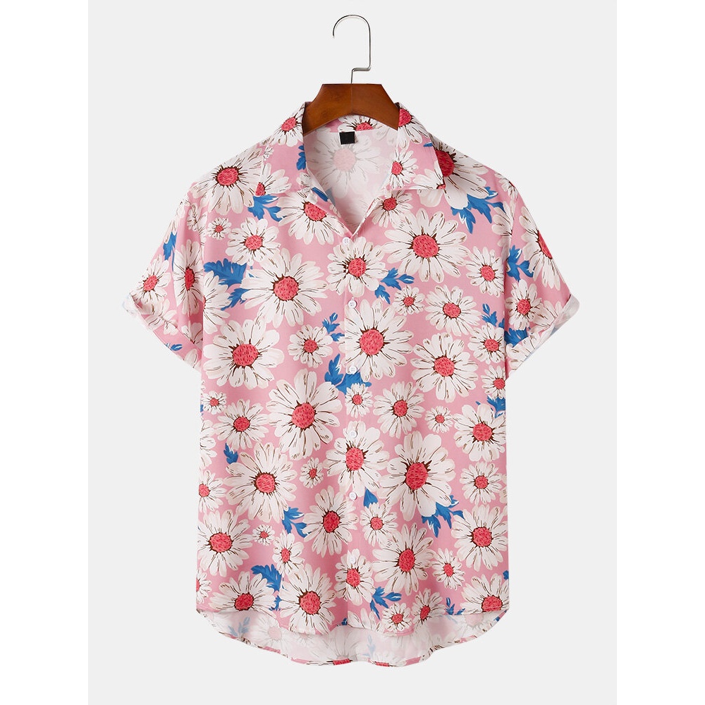 Mens Fashion Daisy Print Lapel Holiday Short Sleeve Shirts - Black L