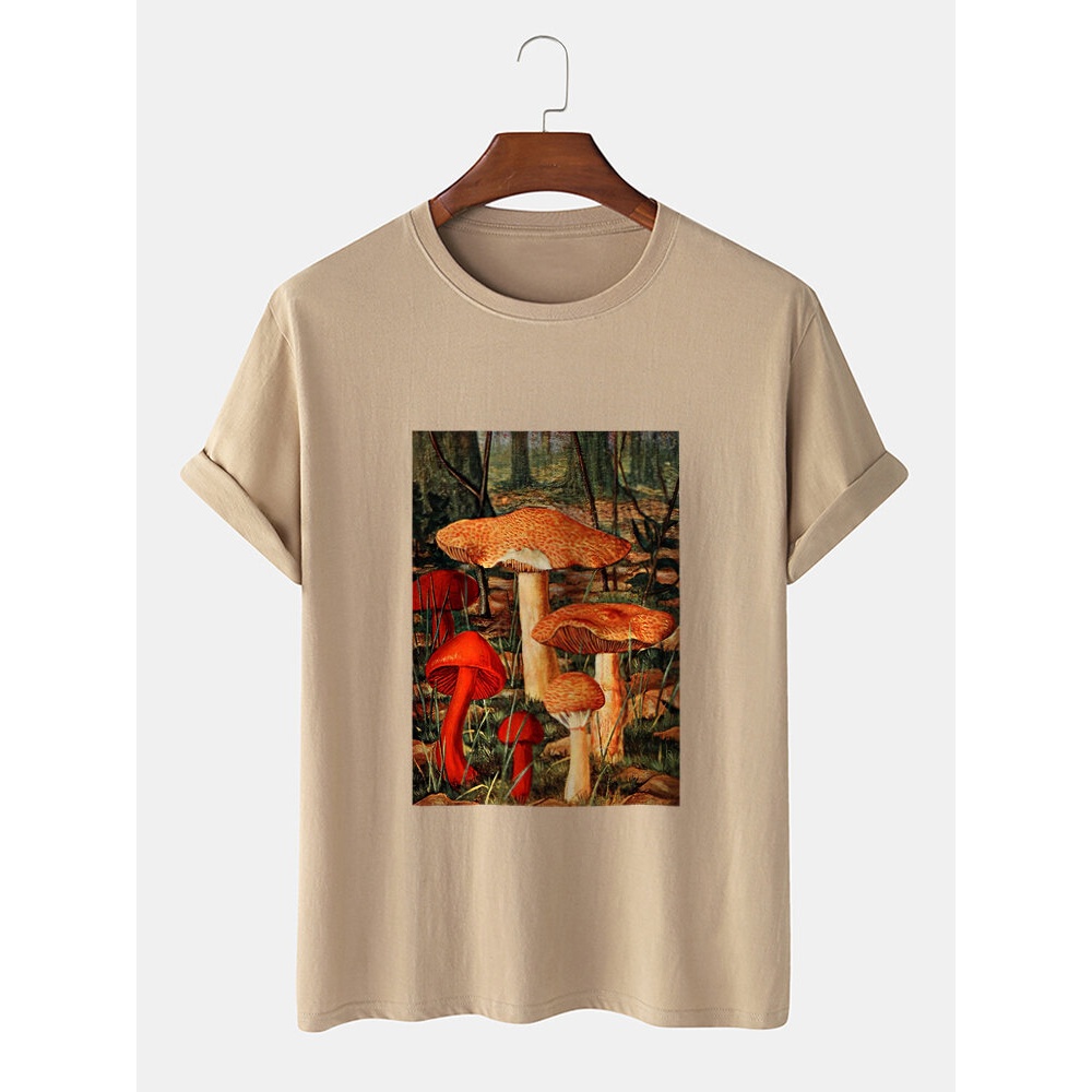 Mens Mushroom Graphic Box Print 100% Cotton O-Neck Short Sleeve T-Shirt - Black M