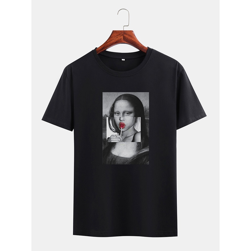 Mens Funny Kuso Mona Lisa License Crew Neck Black Short Sleeve T-Shirts - Black S