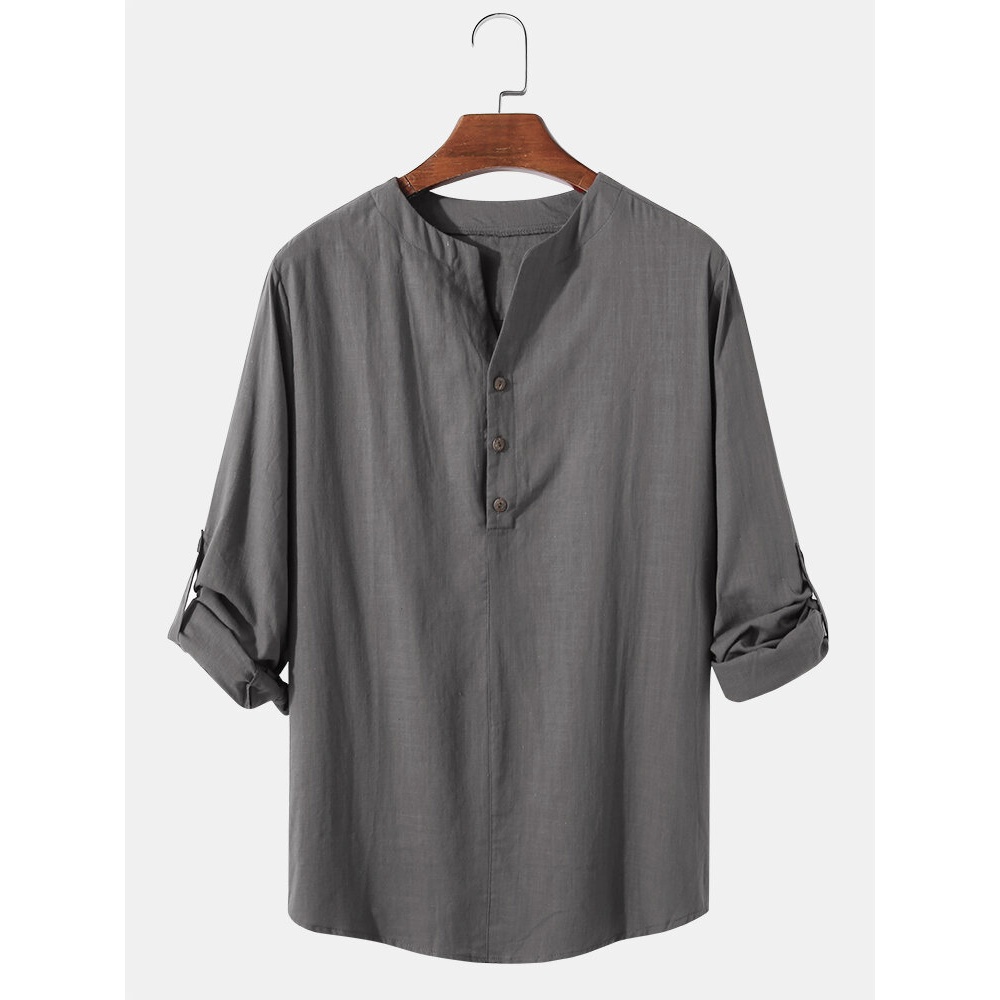 Mens Cotton & Linen Solid Color Long Sleeve Simple Henley Shirts - Red XL