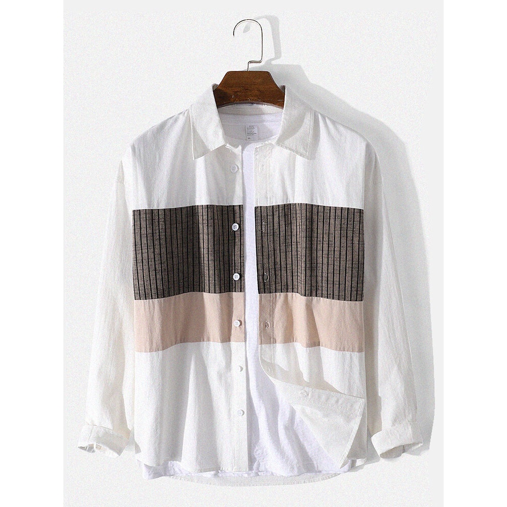 Mens Panel Stitching Lapel 100% Cotton Casual Long Sleeve Shirts - White S