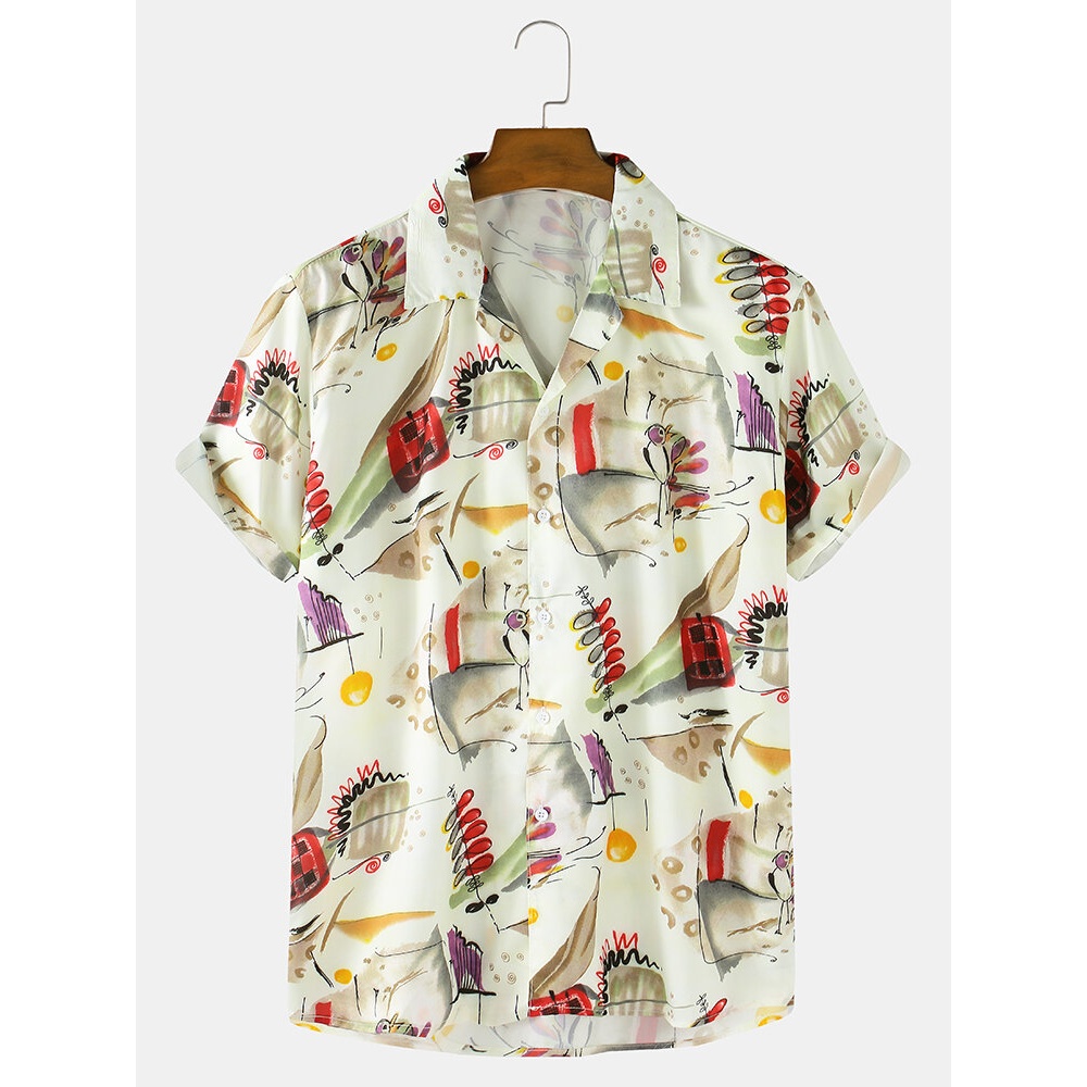 Mens Abstract Painting Print Turn Down Collar Short Sleeve Shirts - Beige XL
