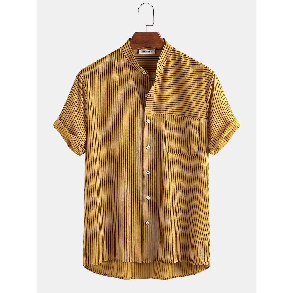 Mens 100% Cotton Stripe Stand Collar Casual Short Sleeve Shirts - Khaki 2XL