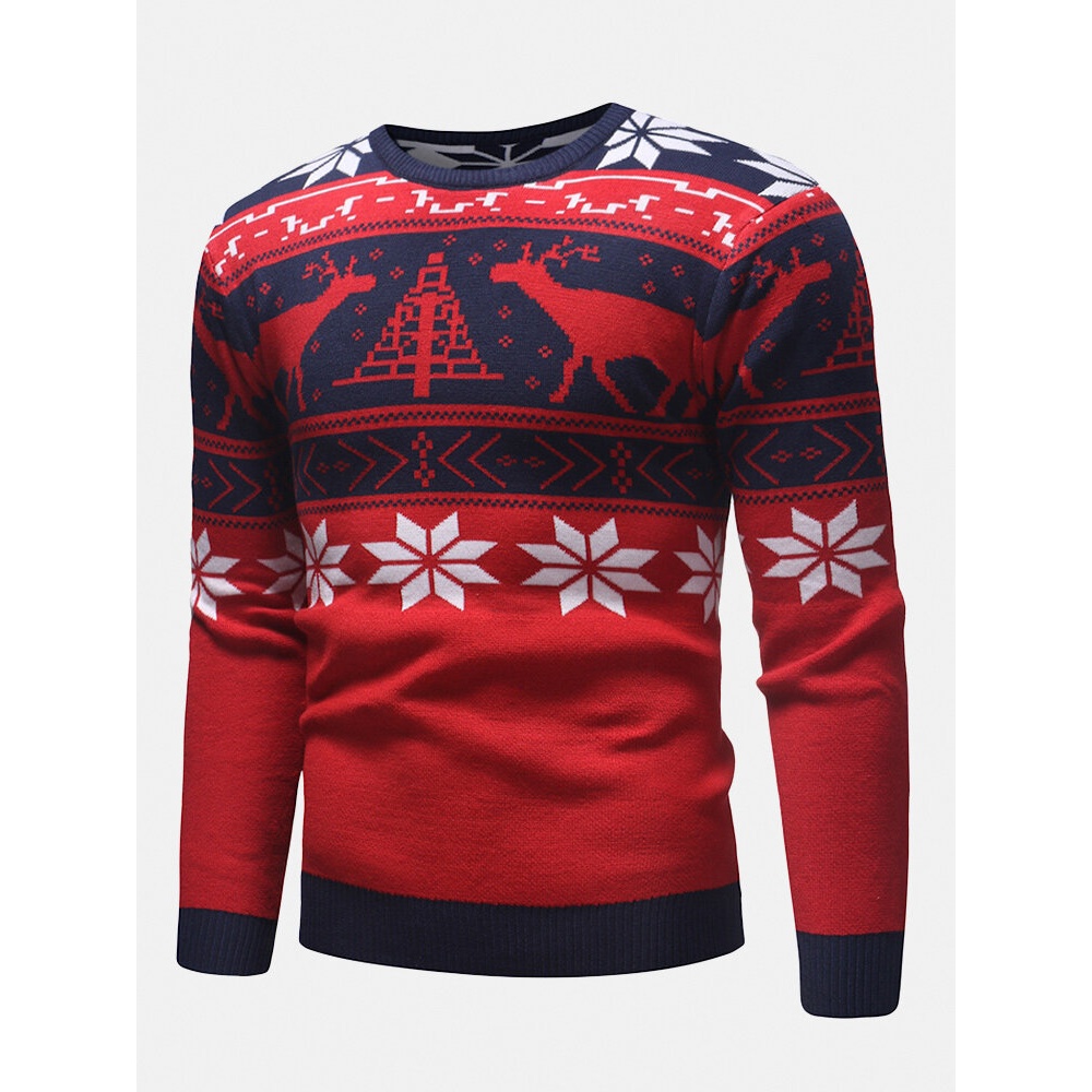 Mens  Pattern Crew Neck Regular Fit Casual Knitted Sweater - Red M