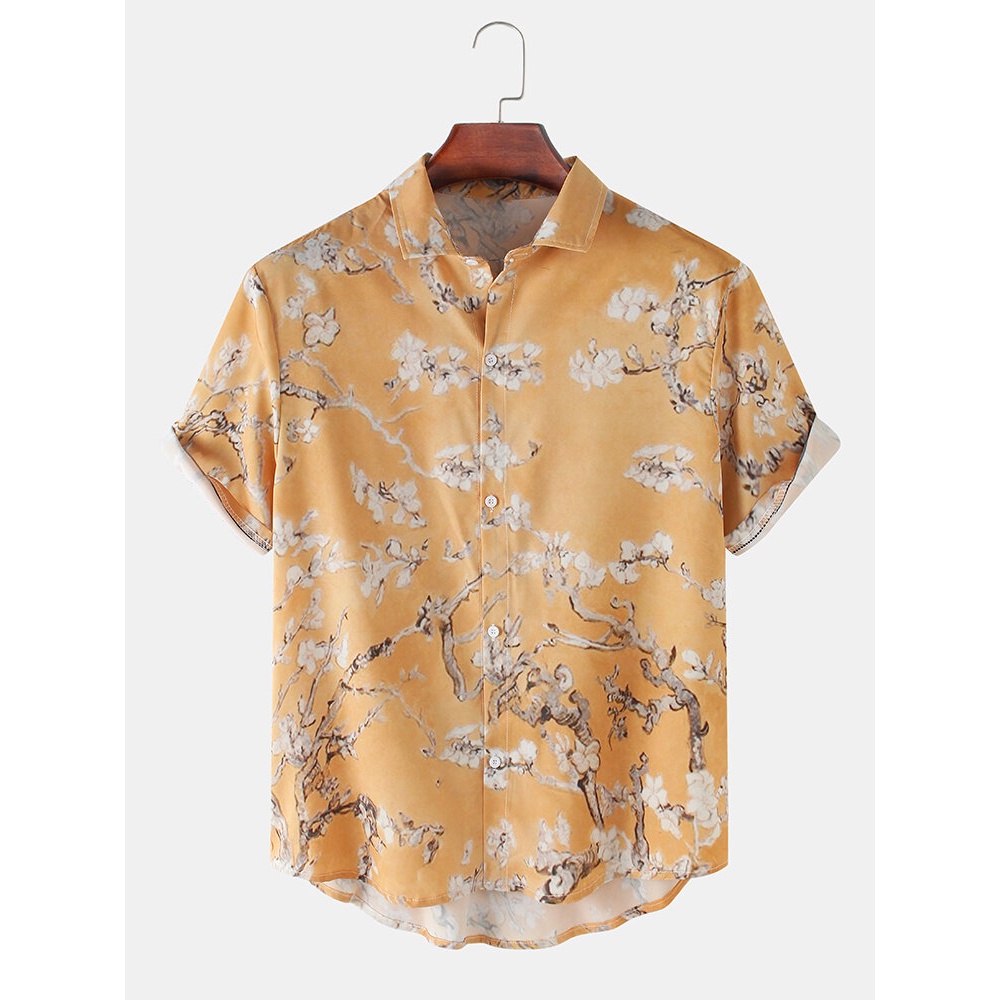 Mens Peach Blossom Print Lightweight High Low Hem Regular Fit Short Sleeve Shirts - Yellow 3XL