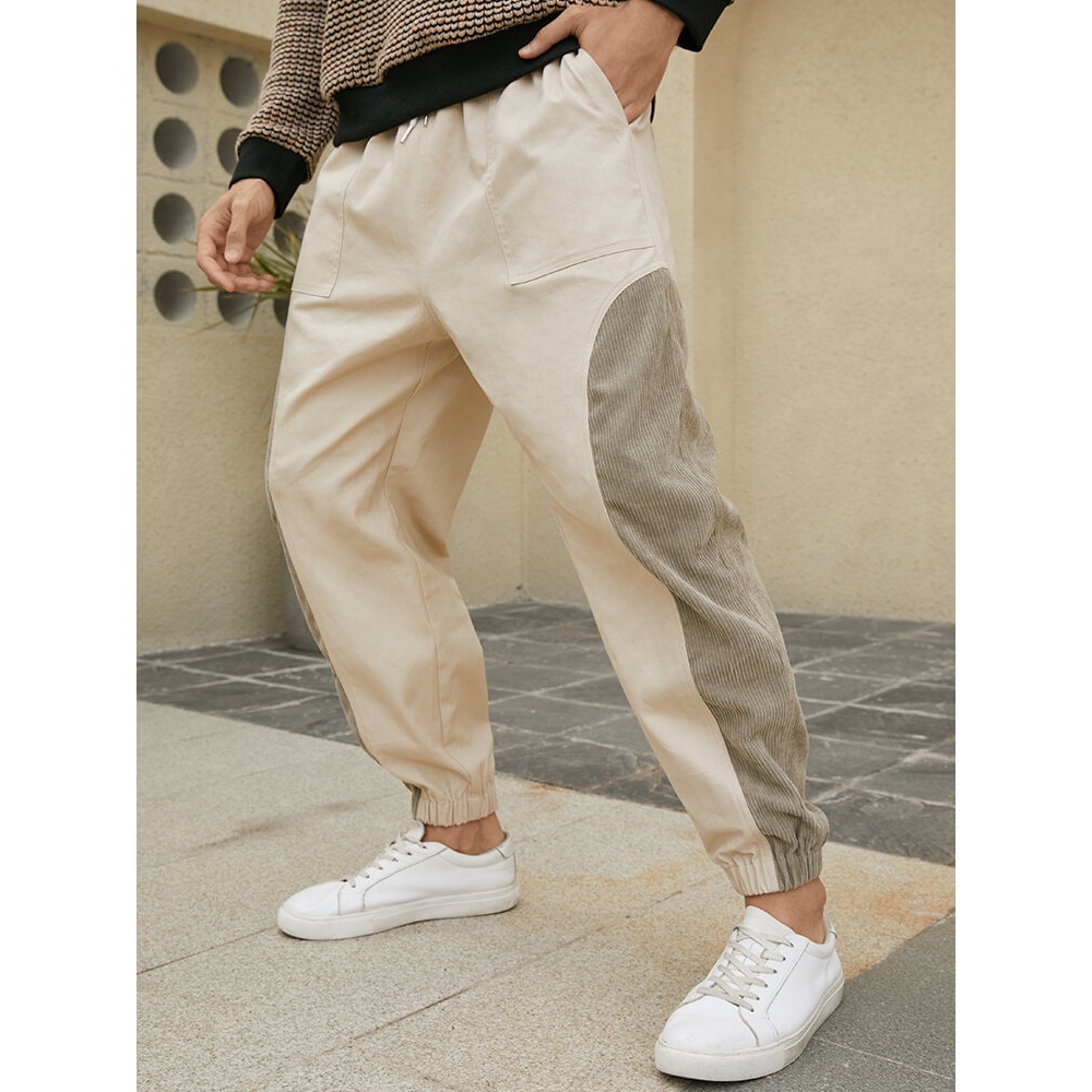 Men 100% Cotton Patchwork Color Block Elastic Waist Ankle Length Casual Pants - Apricot S