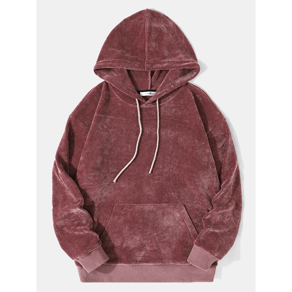 Men Velvets Corduroy Solid Color Kangaroo Pocket Hooded Sweatshirt - Red S