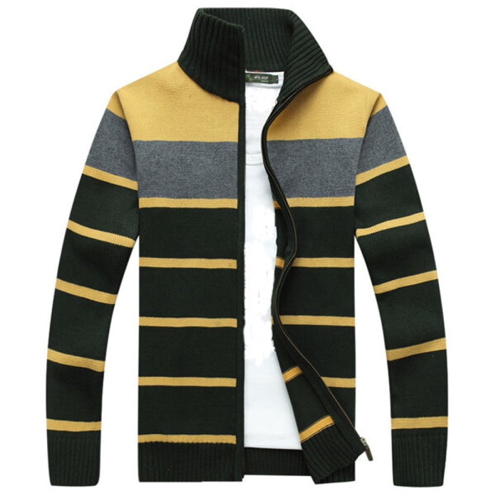 Winter Thick Casual Stand Collar Sweaters Mens Stripe Knitted Zipper Jacquard Cardigan - S White - Image 2