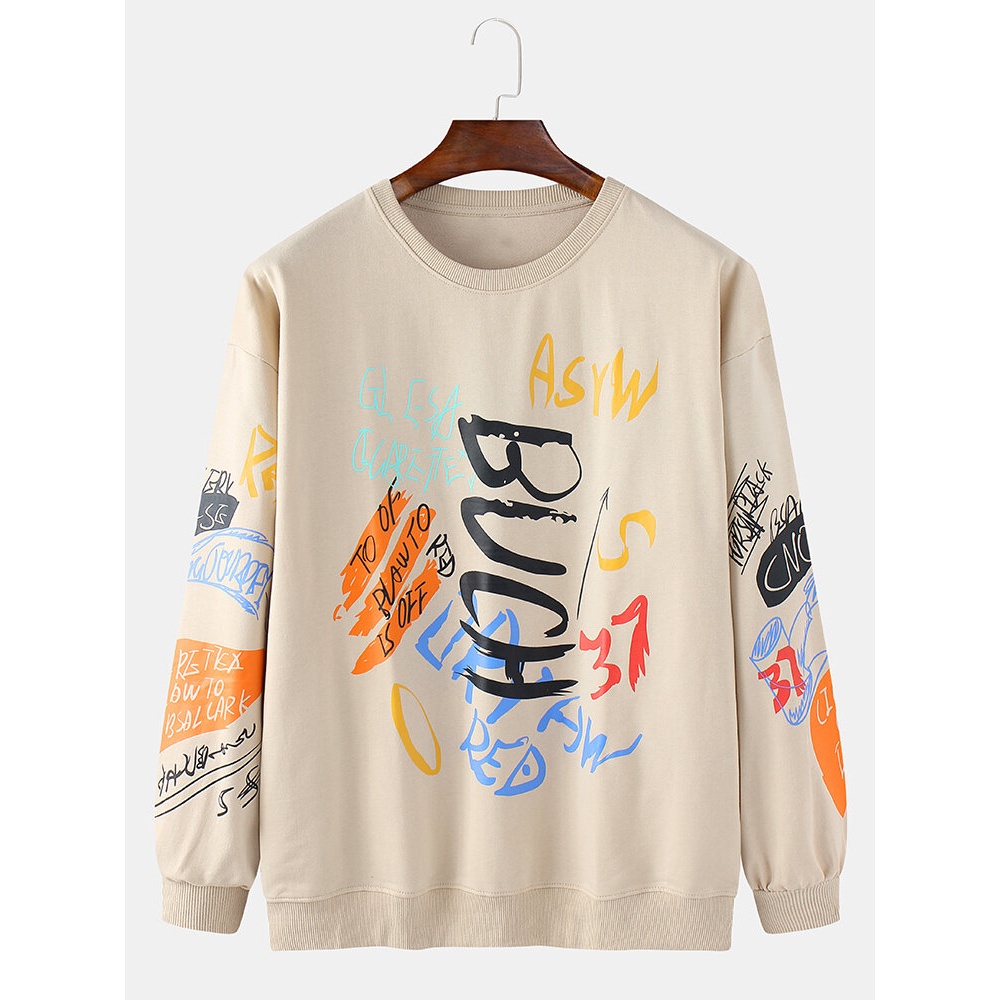 Mens Graffiti Print Long Sleeve Pullover Cotton Casual Sweatshirts - White XL