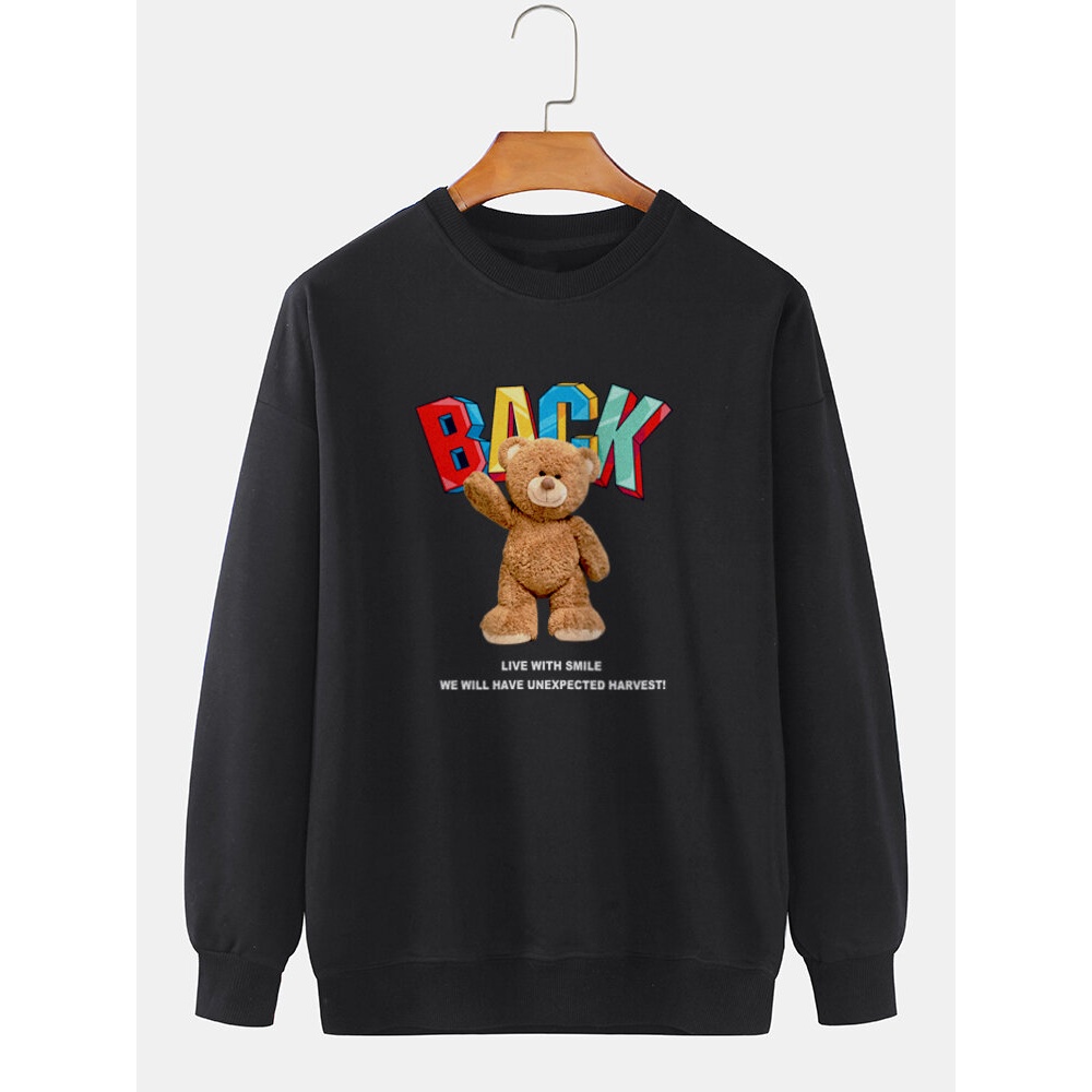 Mens Cotton Cartoon Bear & Letter Print Pullover Long Sleeve Casual Sweatshirts - Black L
