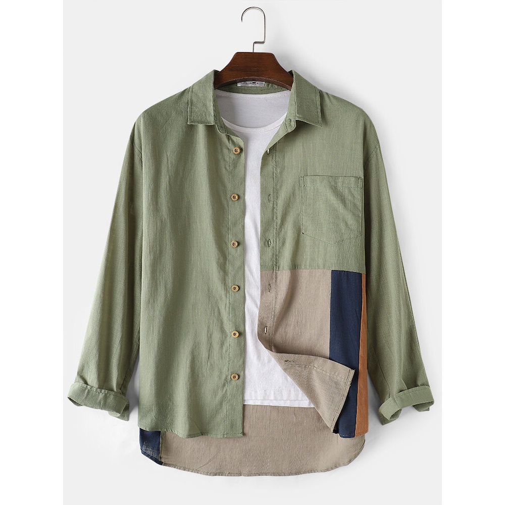 Design Mens Patchwork Pocket Lapel Stitching Hem Long Sleeve 100%Cotton Shirts - Green S