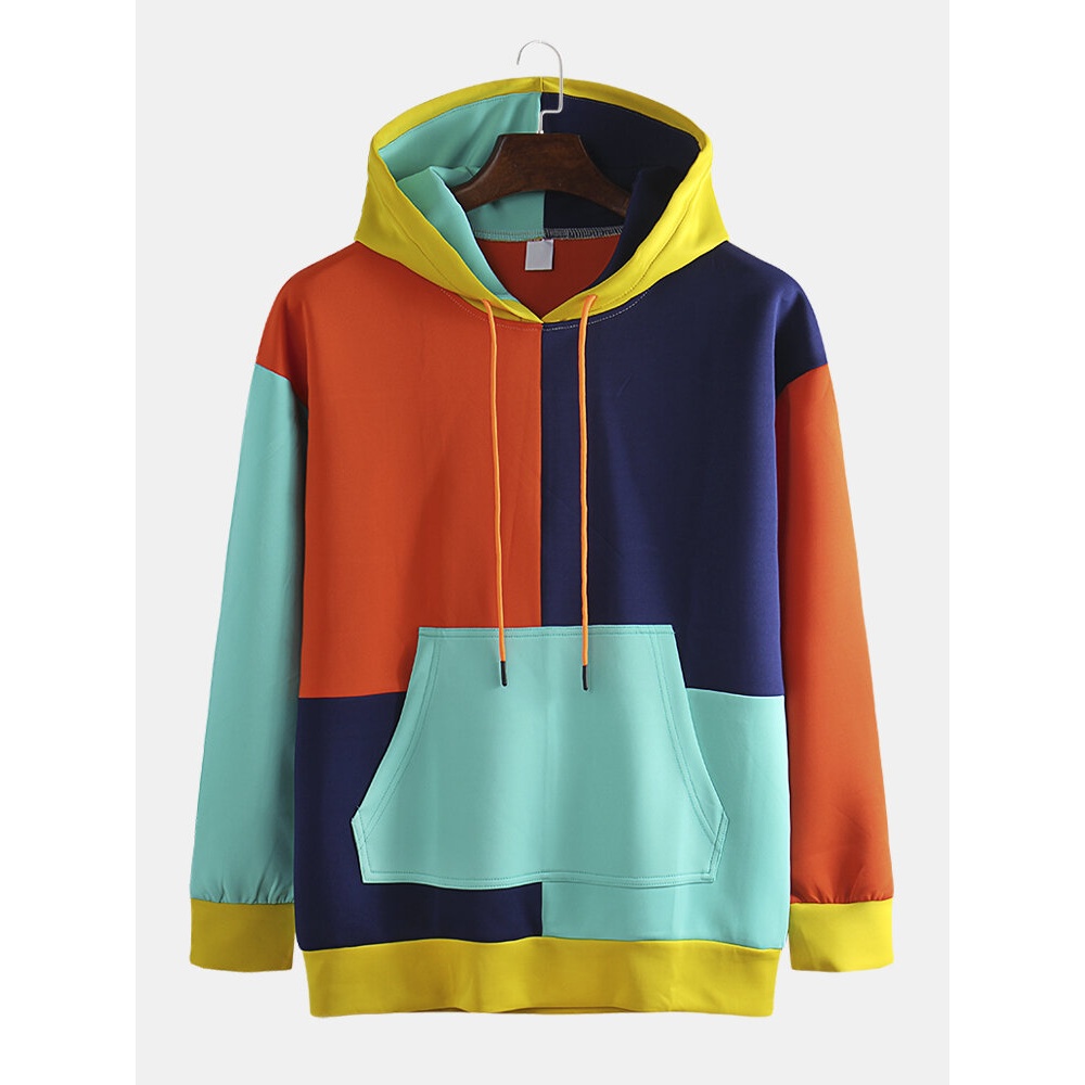Men's Multi-color Patch Hooded Loose Trend Hip-hop Plus Cashmere Sweatshirt - XS Red